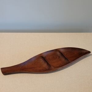Vintage MCM Teak Leaf Divided Snack Tray Marked Genuine‎ Teak Hong Kong